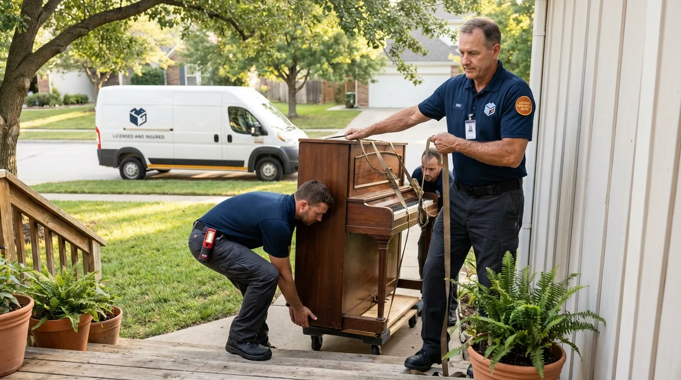 Licensed piano movers securing grand piano in Waycross, GA