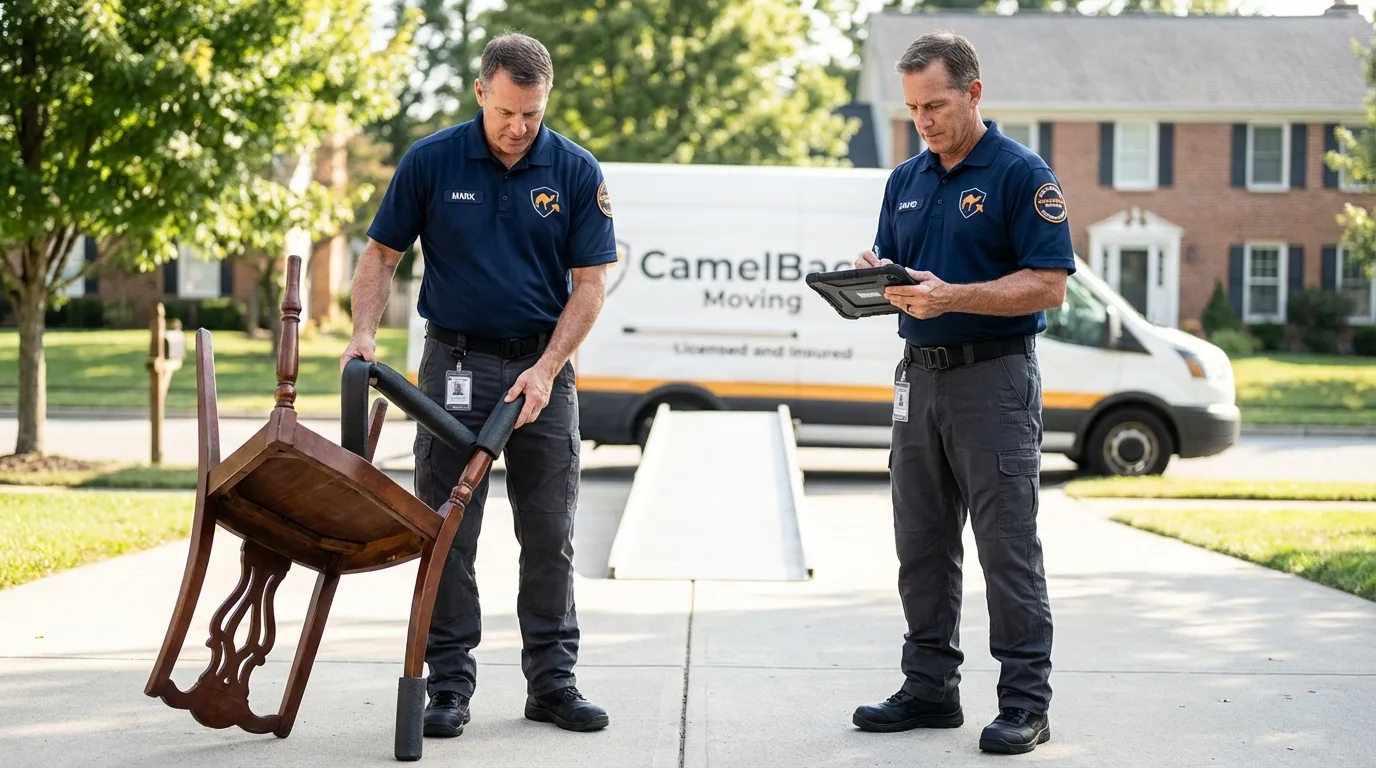 Movers inspecting furniture for damage prevention before loading in Waycross, GA