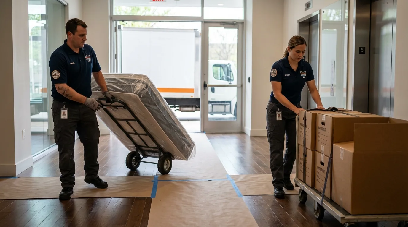 Professional apartment movers loading elevator in Waycross, GA