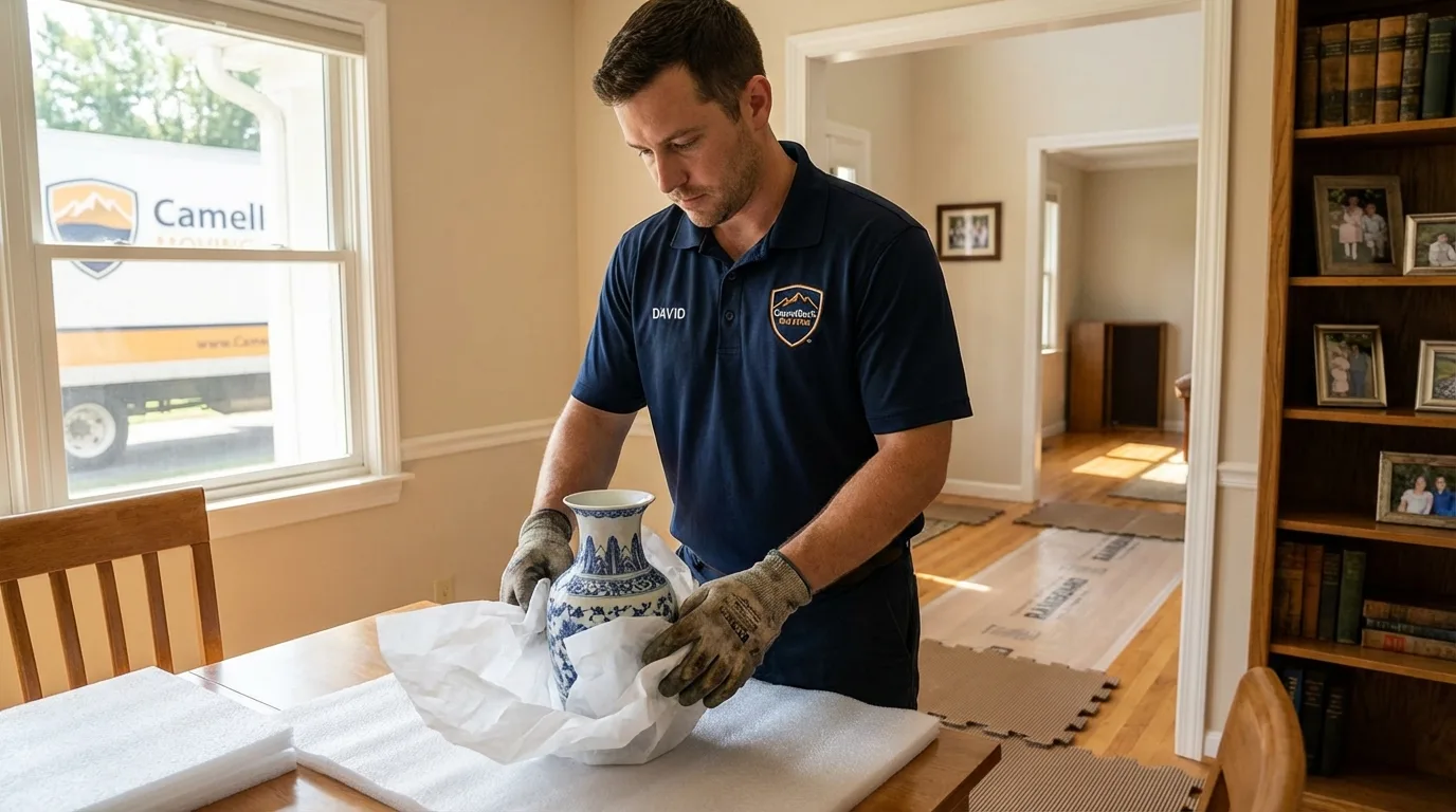Professional crew carefully wrapping antique vase for senior downsizing move in Waycross, GA